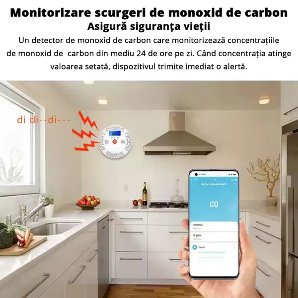 Detector inteligent de monoxid de carbon Tuya WiFi, operat cu baterii x2 AA, afisaj digital, 85db, monitorizare in timp real