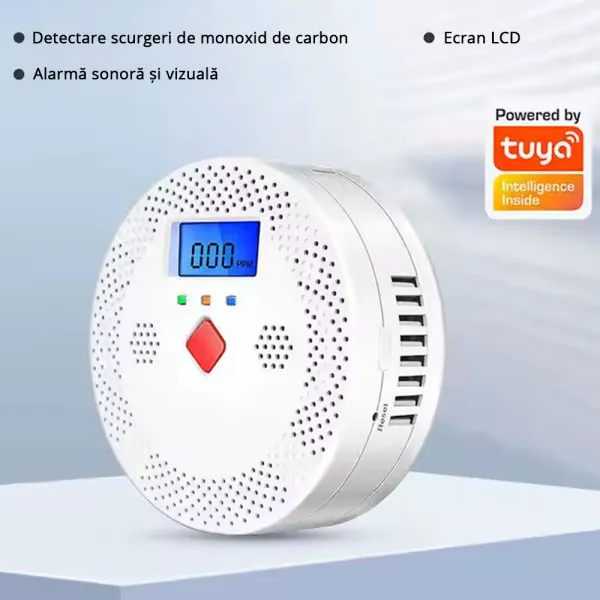 Detector inteligent de monoxid de carbon Tuya WiFi, operat cu baterii x2 AA, afisaj digital, 85db, monitorizare in timp real