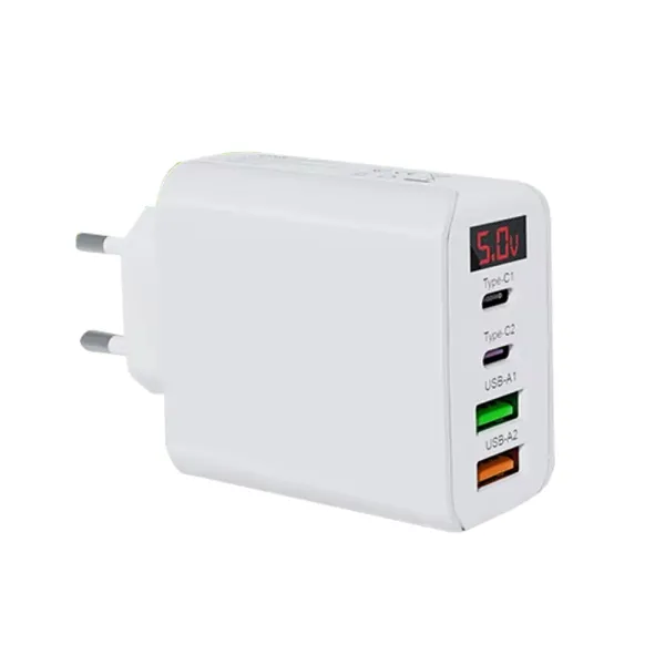 Incarcator rapid 45W cu afisaj LED, 2x USB-C, 2x USB-A, pentru telefon, tableta, GPS, Negru / Alb