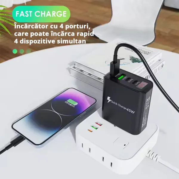 Incarcator rapid 45W cu afisaj LED, 2x USB-C, 2x USB-A, pentru telefon, tableta, GPS, Negru / Alb
