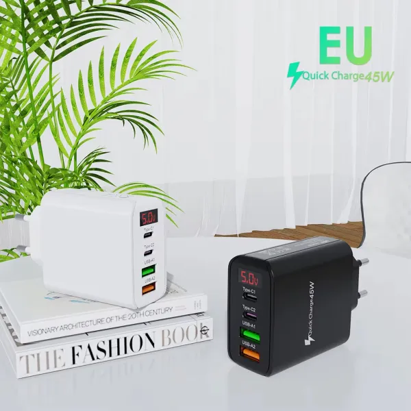 Incarcator rapid 45W cu afisaj LED, 2x USB-C, 2x USB-A, pentru telefon, tableta, GPS, Negru / Alb