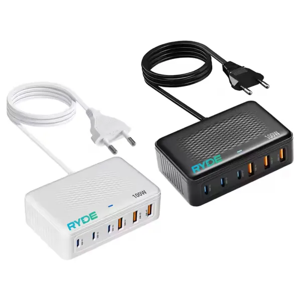 Incarcator rapid USB-C 100W cu 6 porturi incarcare simultana, ideal pentru laptop, tableta, telefon, Alb / Negru