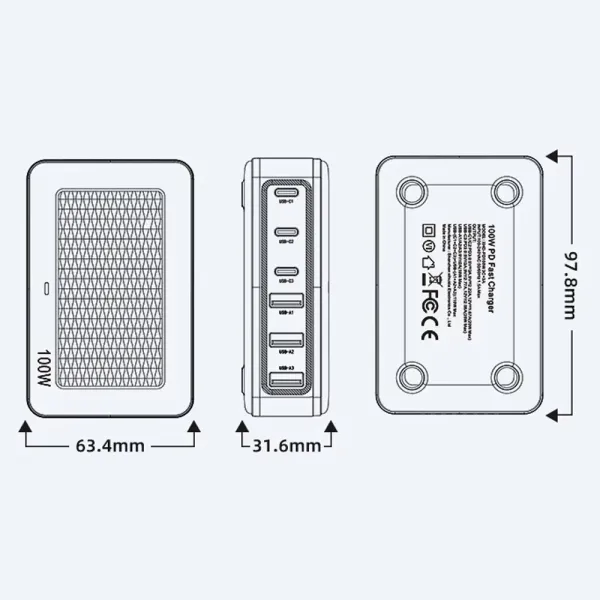 Incarcator rapid USB-C 100W cu 6 porturi incarcare simultana, ideal pentru laptop, tableta, telefon, Alb / Negru