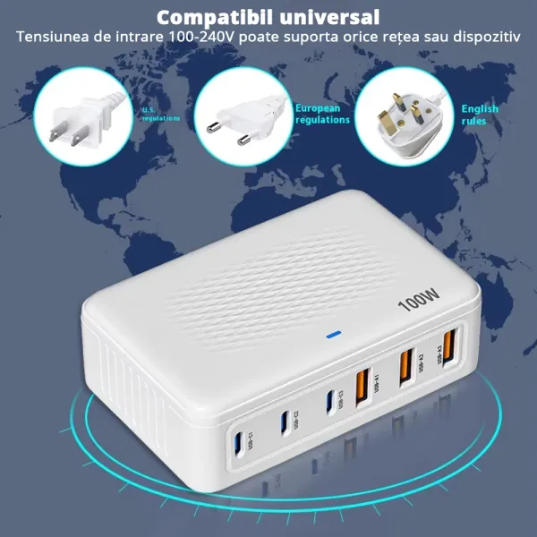 Incarcator rapid USB-C 100W cu 6 porturi incarcare simultana, ideal pentru laptop, tableta, telefon, Alb / Negru