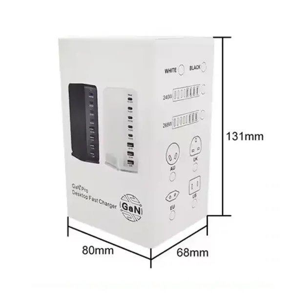 Incarcator rapid USB-C 268W cu 8 porturi (5xUSB-C, 3XUSB-S), ideal pentru laptop, tableta, telefon, Negru / Alb