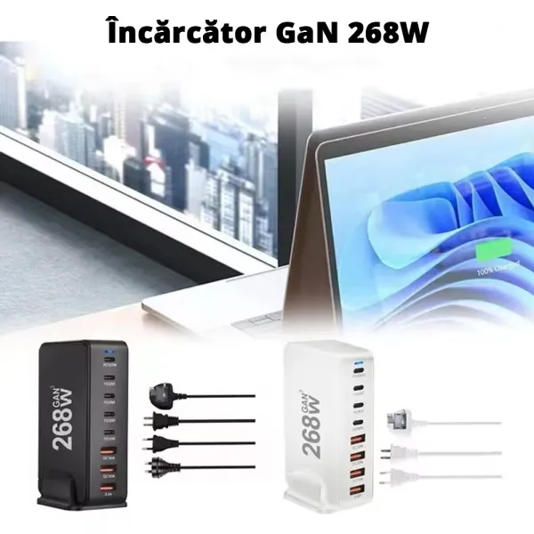 Incarcator rapid USB-C 268W cu 8 porturi (5xUSB-C, 3XUSB-S), ideal pentru laptop, tableta, telefon, Negru / Alb