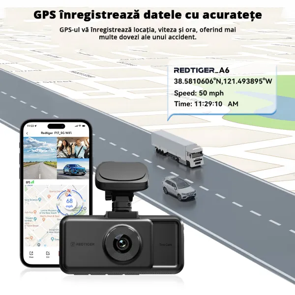 Camera auto de bord tripla REDTIGER A6 2.5K, WiFi, Night Vision, GPS, aplicatie dedicata, G-sensor si monitorizare parcare
