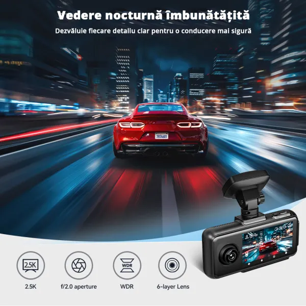 Camera auto de bord tripla REDTIGER A6 2.5K, WiFi, Night Vision, GPS, aplicatie dedicata, G-sensor si monitorizare parcare