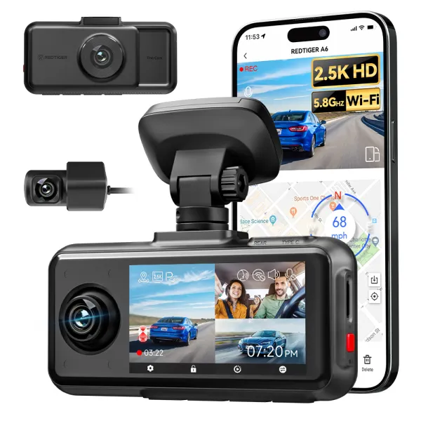 Camera auto de bord tripla REDTIGER A6 2.5K, WiFi, Night Vision, GPS, aplicatie dedicata, G-sensor si monitorizare parcare