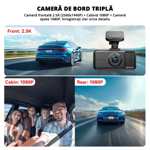 Camera auto de bord tripla REDTIGER A6 2.5K, WiFi, Night Vision, GPS, aplicatie dedicata, G-sensor si monitorizare parcare
