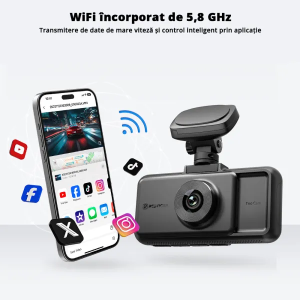 Camera auto de bord tripla REDTIGER A6 2.5K, WiFi, Night Vision, GPS, aplicatie dedicata, G-sensor si monitorizare parcare