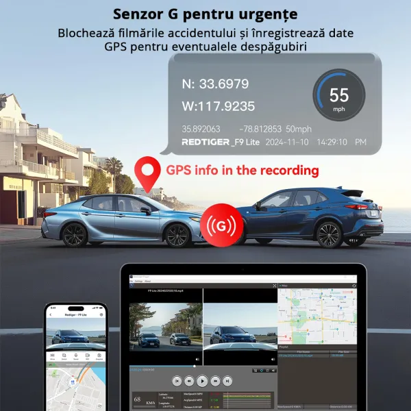 Camera auto de bord REDTIGER F9 Lite 4K, ADAS, WiFi, Night Vision, GPS, aplicatie dedicata, G-senzor si monitorizare parcare