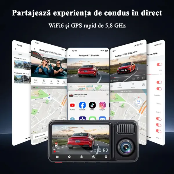 Camera de bord cu 3 canale REDTIGER F17 Elite 4K+1080P+1080P, WiFi 6, Night Vision, ecran tactil 3”, GPS, aplicatie dedicata, G-Sensor si Mod Parcare