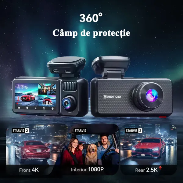 Camera de bord cu 3 canale REDTIGER F17 Elite 4K+1080P+1080P, WiFi 6, Night Vision, ecran tactil 3”, GPS, aplicatie dedicata, G-Sensor si Mod Parcare