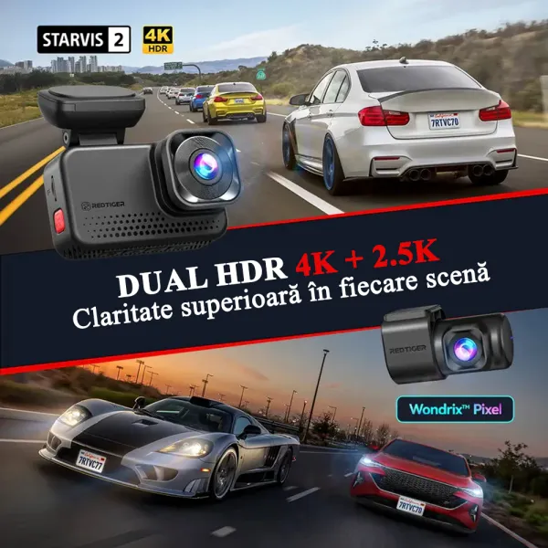 Camera auto de bord cu 2 canale REDTIGER ViewClear 70 4K+2.5K, WiFi, Night Vision, ecran tactil 3”, GPS, aplicatie dedicata, G-sensor si Mod Parcare, card 128GB