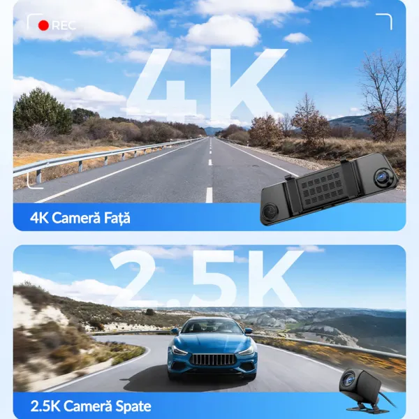 Camera auto tip oglinda fata-spate AZDOME PG17 MAX, 4K+2.5K, WiFi, GPS, Night Vision, 150o, ecran tactil 12&quot;, control vocal, monitorizare parcare