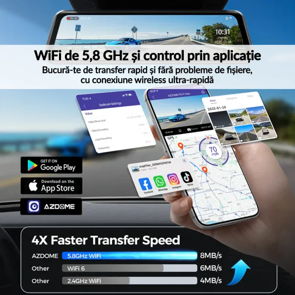 Camera auto tip oglinda fata-spate AZDOME PG17 MAX, 4K+2.5K, WiFi, GPS, Night Vision, 150o, ecran tactil 12&quot;, control vocal, monitorizare parcare