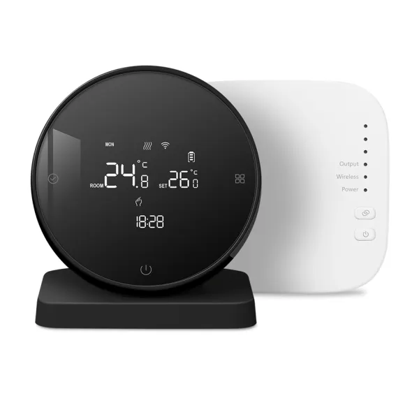 Termostat wireless WiFi pentru incalzire centrala pe gaz, cu baterie, control prin aplicatie si asistent vocal, Negru