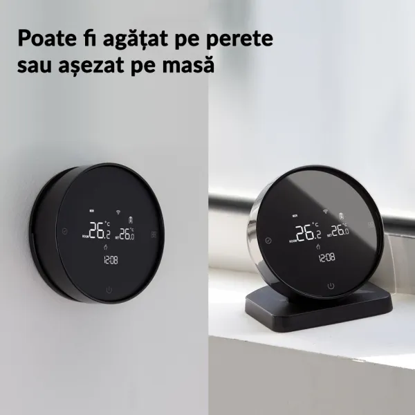Termostat wireless WiFi pentru incalzire centrala pe gaz, cu baterie, control prin aplicatie si asistent vocal, Negru