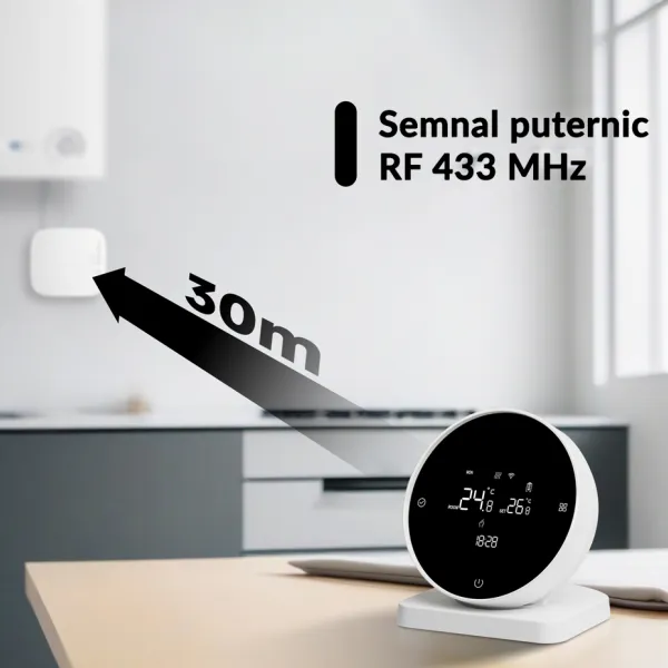 Termostat wireless WiFi pentru incalzire centrala pe gaz, cu baterie, control prin aplicatie si asistent vocal, Negru