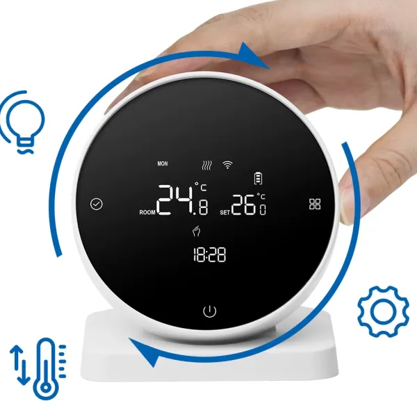 Termostat wireless WiFi pentru incalzire centrala pe gaz, cu baterie, control prin aplicatie si asistent vocal, Negru