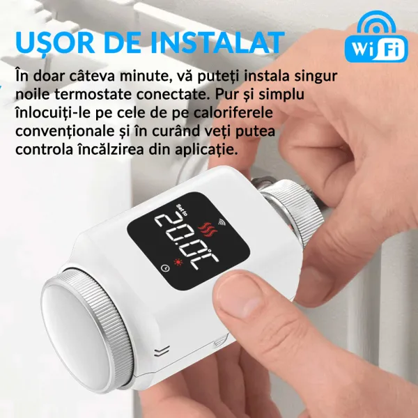 Termostat inteligent TRV pentru calorifere, cu Wi-Fi si ecran LCD, compatibil Tuya