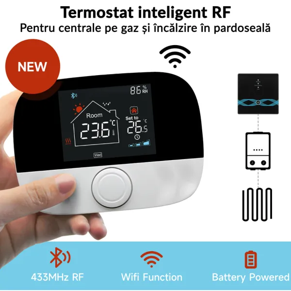 Termostat inteligent WiFi RF433 pentru centrala pe gaz, control prin aplicatie si asistent vocal, posibilitate programare