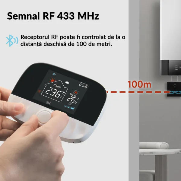 Termostat inteligent WiFi RF433 pentru centrala pe gaz, control prin aplicatie si asistent vocal, posibilitate programare