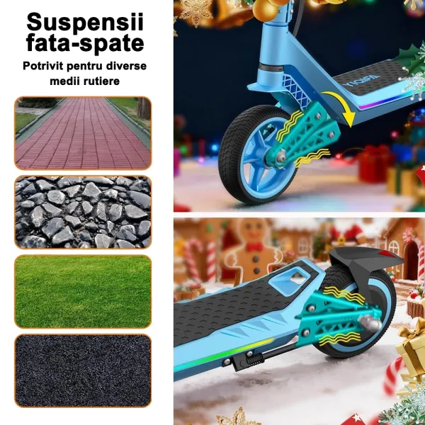 Trotineta Electrica Copii RYDE U8, 3 Viteze (8/12/16 km/h), Suspensie Dubla Fata/Spate, Motor 130W, Autonomie 10 km, Pliabila, Albastru, 6–12 ani