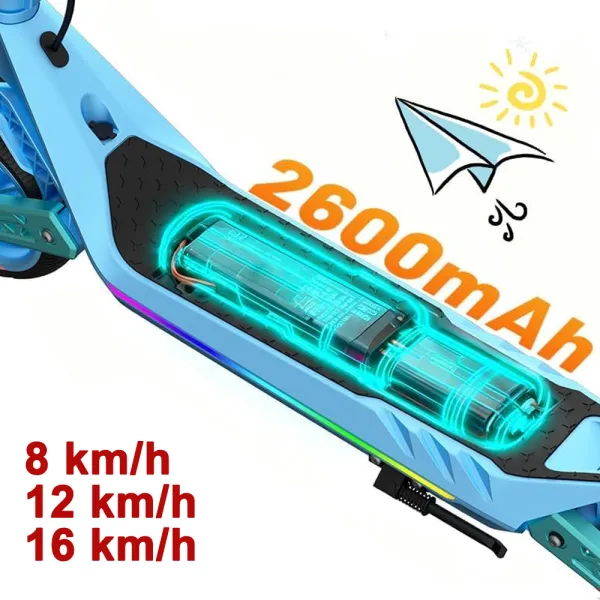 Trotineta Electrica Copii RYDE U8, 3 Viteze (8/12/16 km/h), Suspensie Dubla Fata/Spate, Motor 130W, Autonomie 10 km, Pliabila, Albastru, 6–12 ani