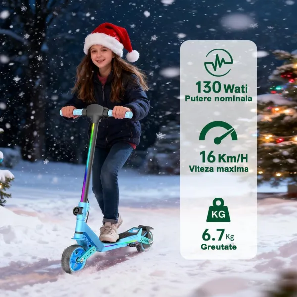 Trotineta Electrica Copii RYDE U8, 3 Viteze (8/12/16 km/h), Suspensie Dubla Fata/Spate, Motor 130W, Autonomie 10 km, Pliabila, Albastru, 6–12 ani