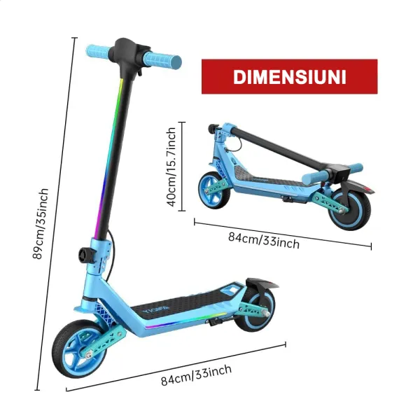 Trotineta Electrica Copii RYDE U8, 3 Viteze (8/12/16 km/h), Suspensie Dubla Fata/Spate, Motor 130W, Autonomie 10 km, Pliabila, Albastru, 6–12 ani
