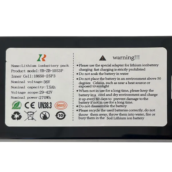 Acumulator Li-Ion 18650 36V 7.5Ah(270Wh) cu BMS, dimensiune 27x7x2.3 cm, compatibil cu trotinete electrice RYDE 300