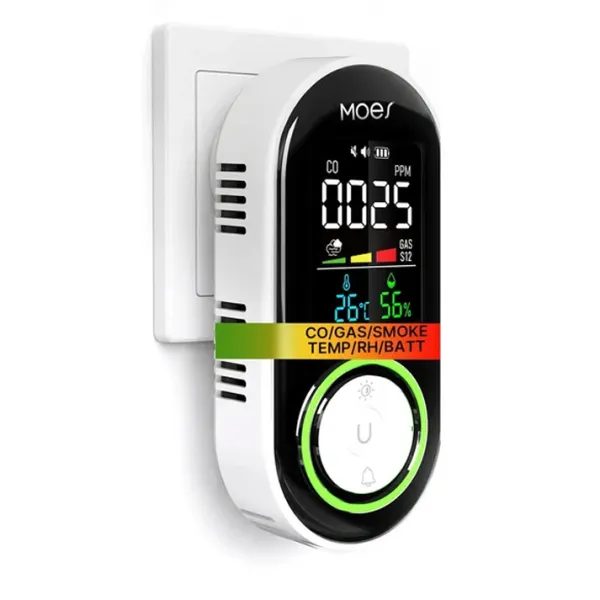 Detector 5 in 1 de gaz, monoxid de carbon, fum, umiditate si temperatura, cu alarma vocala, afisaj digital, alimentare la priza si baterie de rezerva