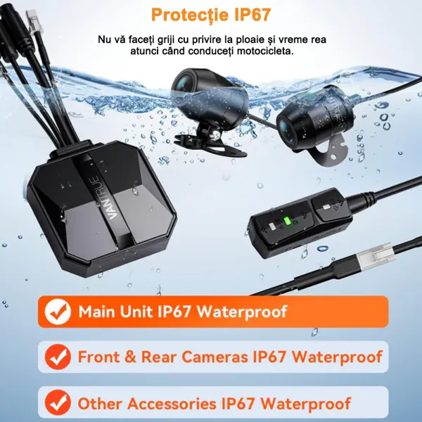 Camera de bord pentru motocicleta Vantrue F1 fata-spate cu WiFi 5GHz, 4K + 1080P, HDR + WDR, impermeabila IP67, Night Vision, GPS si monitorizare parcare