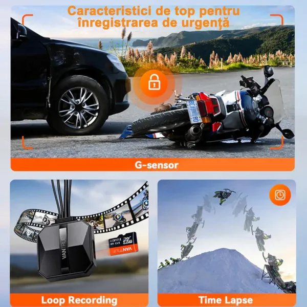 Camera de bord pentru motocicleta Vantrue F1 fata-spate cu WiFi 5GHz, 4K + 1080P, HDR + WDR, impermeabila IP67, Night Vision, GPS si monitorizare parcare