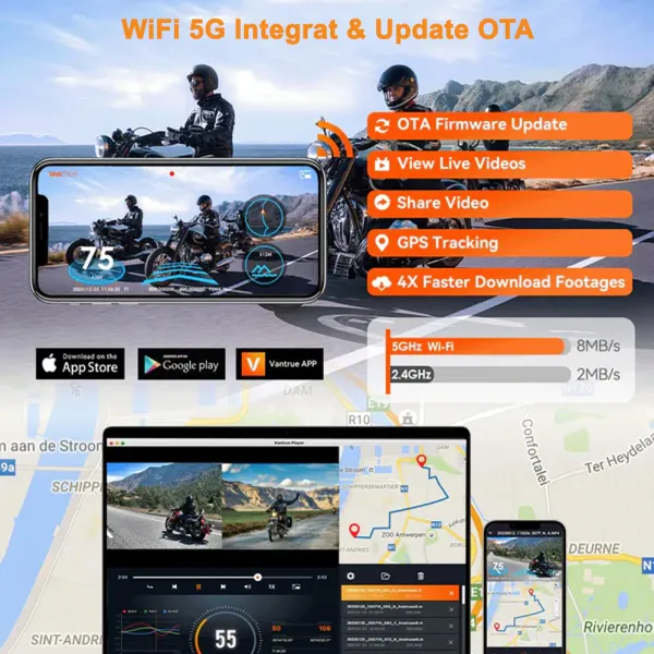 Camera de bord pentru motocicleta Vantrue F1 fata-spate cu WiFi 5GHz, 4K + 1080P, HDR + WDR, impermeabila IP67, Night Vision, GPS si monitorizare parcare