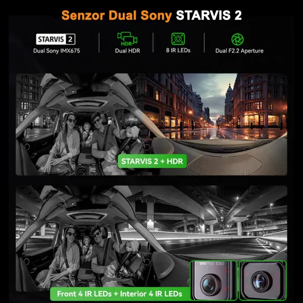 Camera auto Vantrue E360 ACE Panoramica 360o 5.2K 30 FPS, WiFi, Dual HDR, Night Vision 2.0, ecran tactil 1.54”, GPS, control vocal si monitorizare parcare