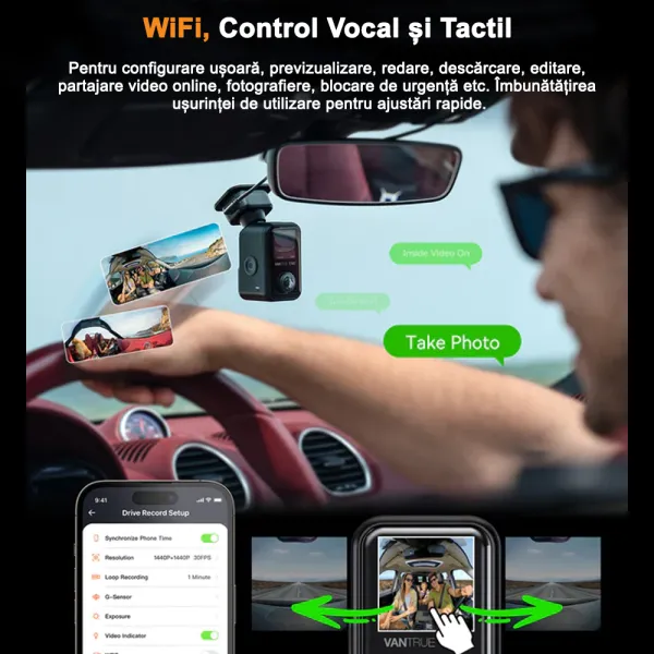 Camera auto Vantrue E360 ACE Panoramica 360o 5.2K 30 FPS, WiFi, Dual HDR, Night Vision 2.0, ecran tactil 1.54”, GPS, control vocal si monitorizare parcare