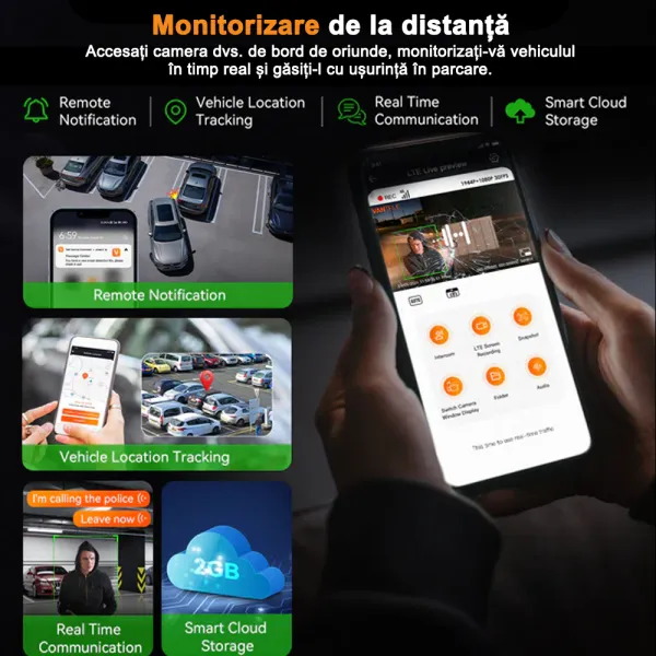 Camera auto Vantrue E360 ACE Panoramica 360o 5.2K 30 FPS, WiFi, Dual HDR, Night Vision 2.0, ecran tactil 1.54”, GPS, control vocal si monitorizare parcare