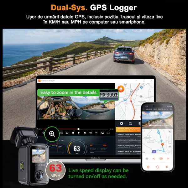 Camera auto Vantrue E360 ACE Panoramica 360o 5.2K 30 FPS, WiFi, Dual HDR, Night Vision 2.0, ecran tactil 1.54”, GPS, control vocal si monitorizare parcare