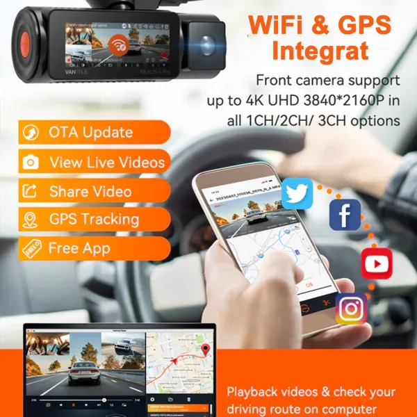 Camera auto tripla Vantrue N4 Pro fata-spate-interior, WiFi 5GHz 4K + 1080P + 1080P HDR, control vocal, Night Vision, ecran 2.45&quot;, GPS, G-sensor si monitorizare parcare