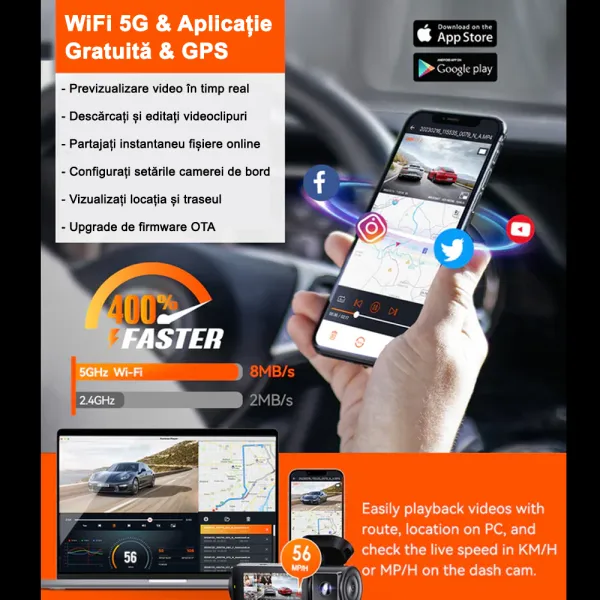 Camera auto cu 4 canale Vantrue N5 fata-spate-interior, WiFi 5GHz, 2.7K + 1080P + 1080P + 1080P, HDR + WDR, control vocal, Night Vision, ecran 3.19&quot;, GPS, G-sensor si monitorizare parcare