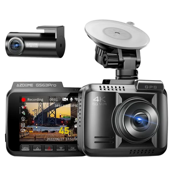 Camera auto de bord fata-spate, AZDOME GS63 Pro 4K + 2.5K, WiFi, Night Vision + WDR, 170°, GPS, aplicatie dedicata, Senzor-G si monitorizare parcare