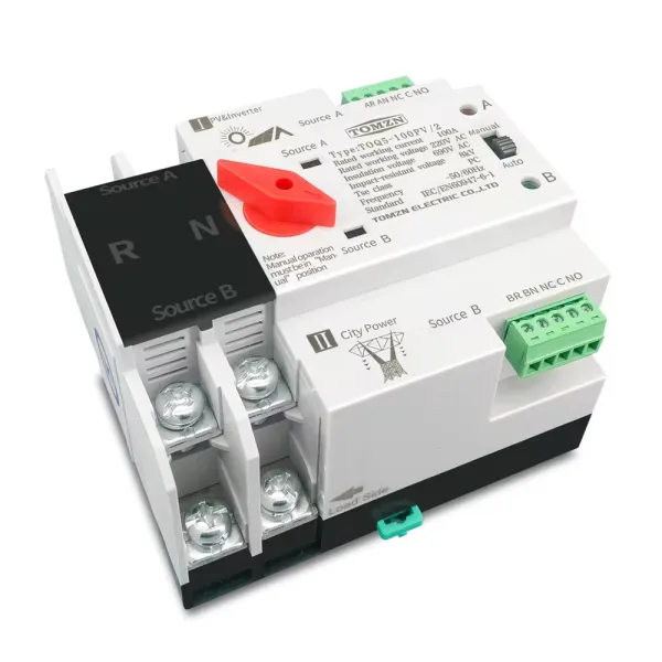 Comutator automat transfer intre retea si panouri fotovoltaice 2P, 230V - 100A Comutator automat transfer intre retea si panouri fotovoltaice 2P, 230V - 100A