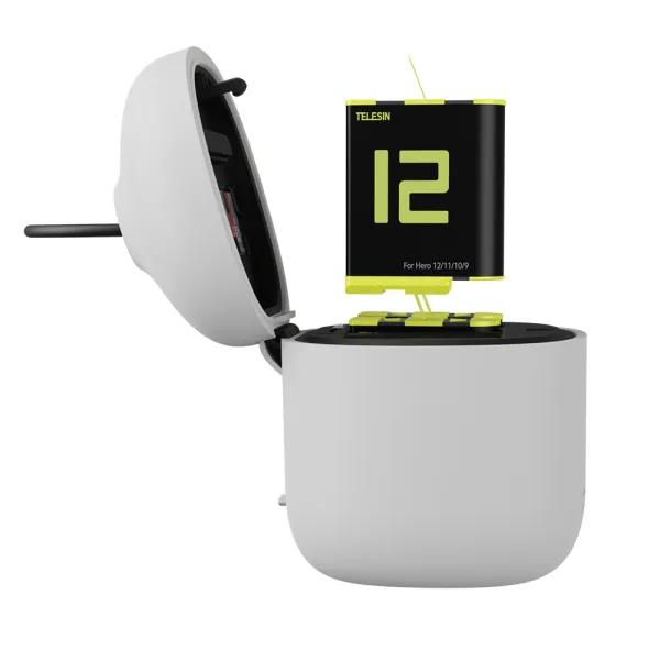 Incarcator portabil triplu cu cititor de carduri integrat pentru baterii GoPro Hero 12, 11, 10, 9