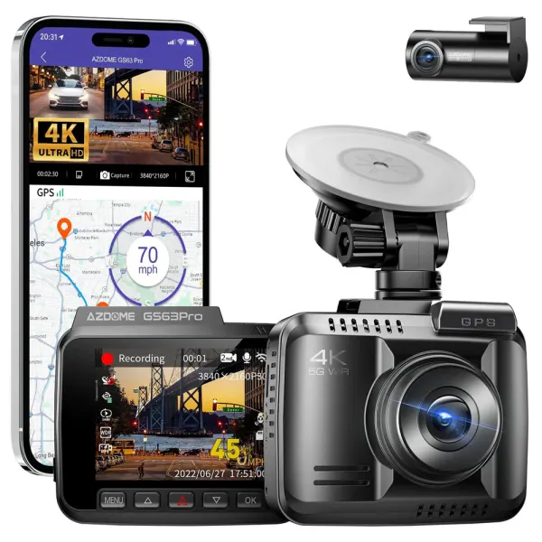Camera auto de bord fata-spate, AZDOME GS63 Pro 4K + 2.5K, WiFi, Night Vision + WDR, 170°, GPS, aplicatie dedicata, Senzor-G si monitorizare parcare