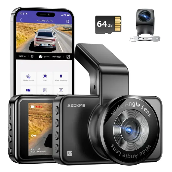 Camera auto de bord AZDOME M17 FHD 1080P, WiFi, Night Vision, 150°, ecran 3&quot;, aplicatie dedicata, G-sensor si monitorizare parcare