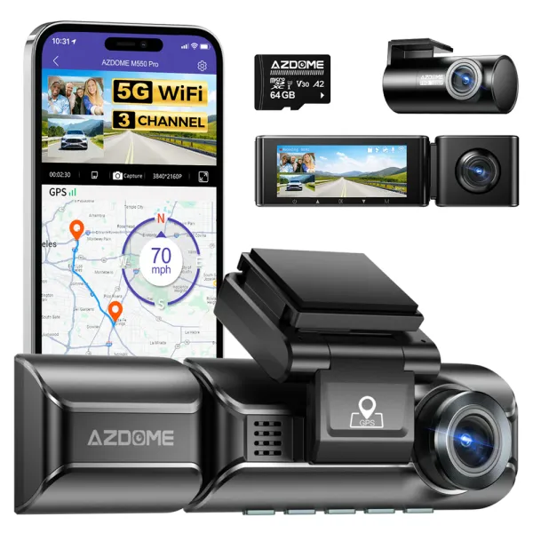 Camera auto de bord AZDOME M550 Pro cu 3 canale 4K, WiFi 5G, WDR Night Vision, 150°, ecran IPS 3.19&quot;, GPS, aplicatie dedicata, G-sensor si monitorizare parcare