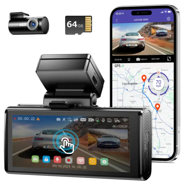 Camera auto de bord AZDOME M580 cu 2 canale 5K, WiFi 5G, WDR Night Vision, 150°, ecran IPS 4&quot;, GPS, aplicatie dedicata, G-sensor si monitorizare parcare